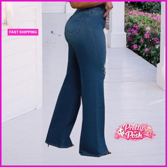 High Waisted Wide Leg Jeans Stretch Denim Pants Baggy Straight Leg - Picture 5 of 7